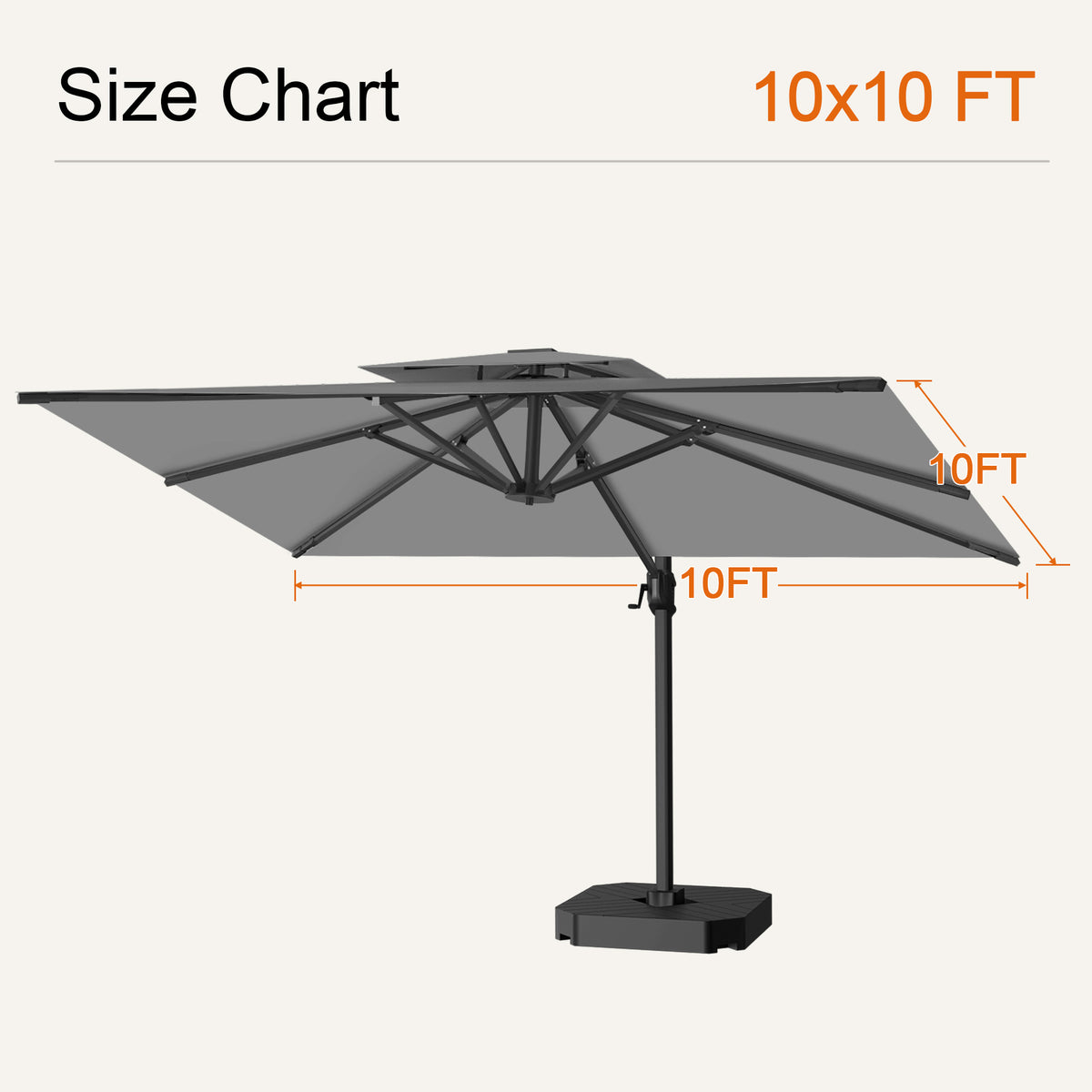 Charcoal cantilever patio umbrella size chart showing a 10 x 10 ft canopy - Sunshade