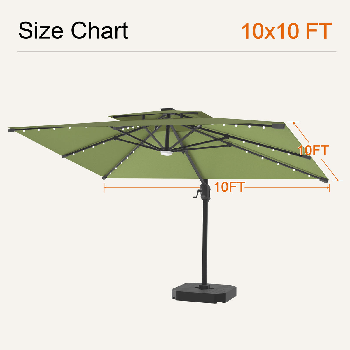 Sage green Aegis Pro solar LED cantilever patio umbrella, 10 x 10 ft size chart - Sunshade