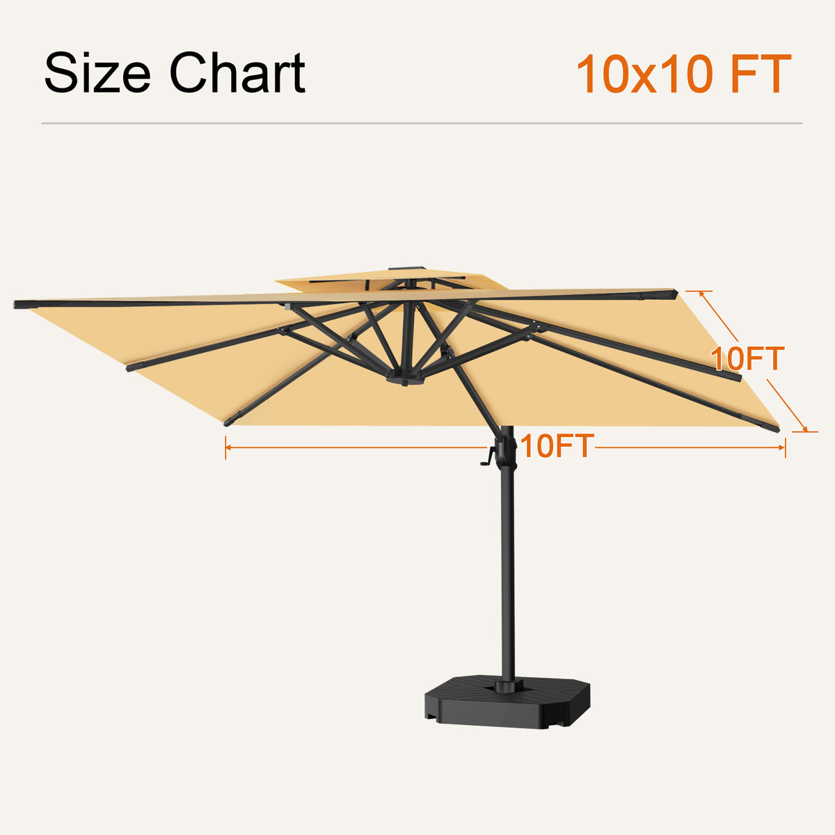 Beige cantilever patio umbrella size chart showing a 10 x 10 ft canopy - Sunshade