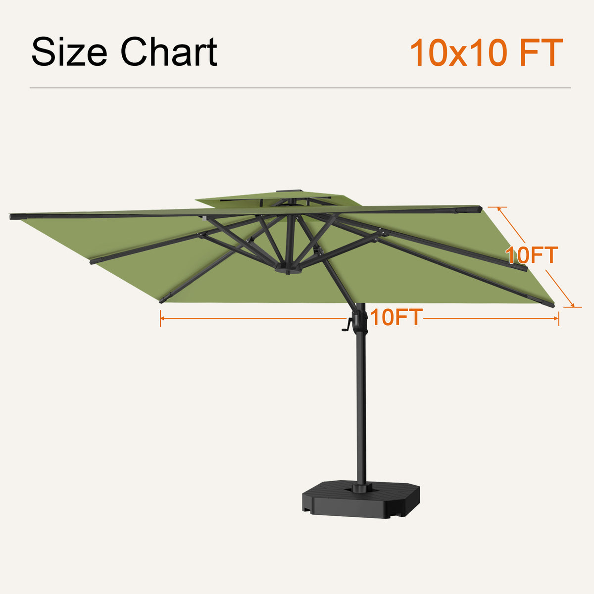 Sage green cantilever patio umbrella size chart showing a 10 x 10 ft canopy - Sunshade