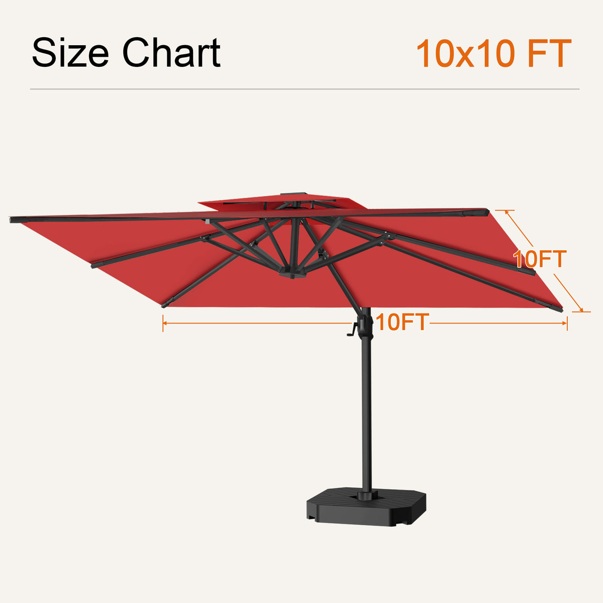 Burgundy cantilever patio umbrella size chart showing a 10 x 10 ft canopy - Sunshade