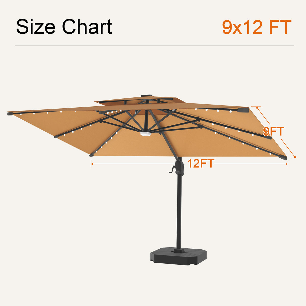 Tan Aegis Pro solar LED cantilever patio umbrella, 9 x 12 ft size chart - Sunshade