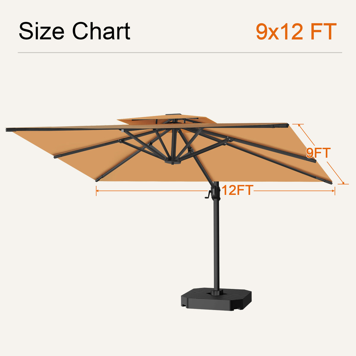 Tan cantilever patio umbrella size chart showing a 9 x 12 ft canopy - Sunshade