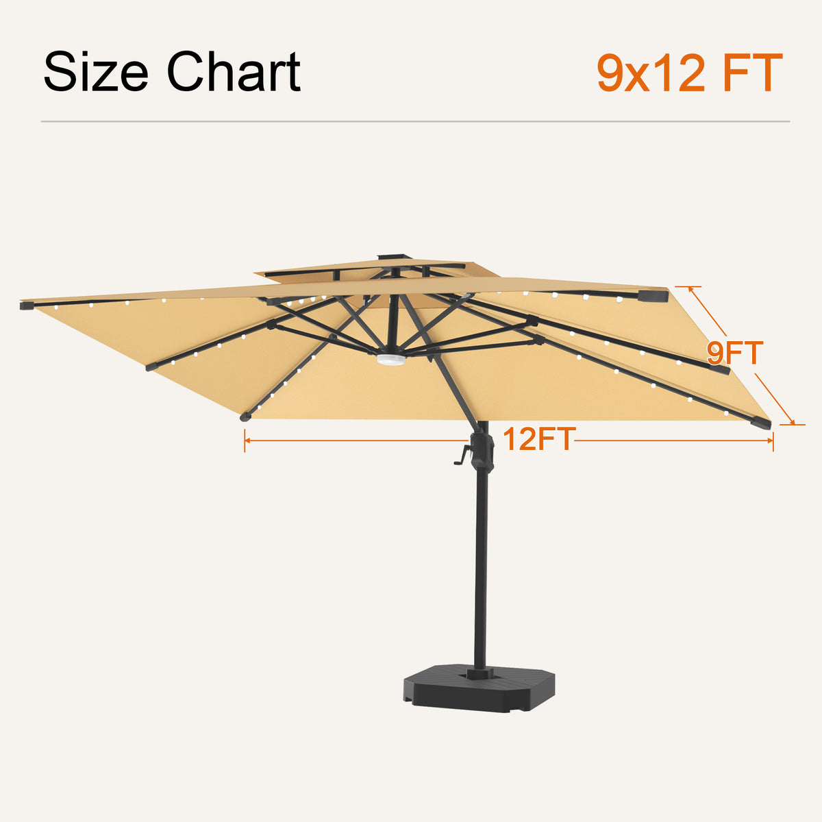 Beige Aegis Pro solar LED cantilever patio umbrella, 9 x 12 ft size chart - Sunshade