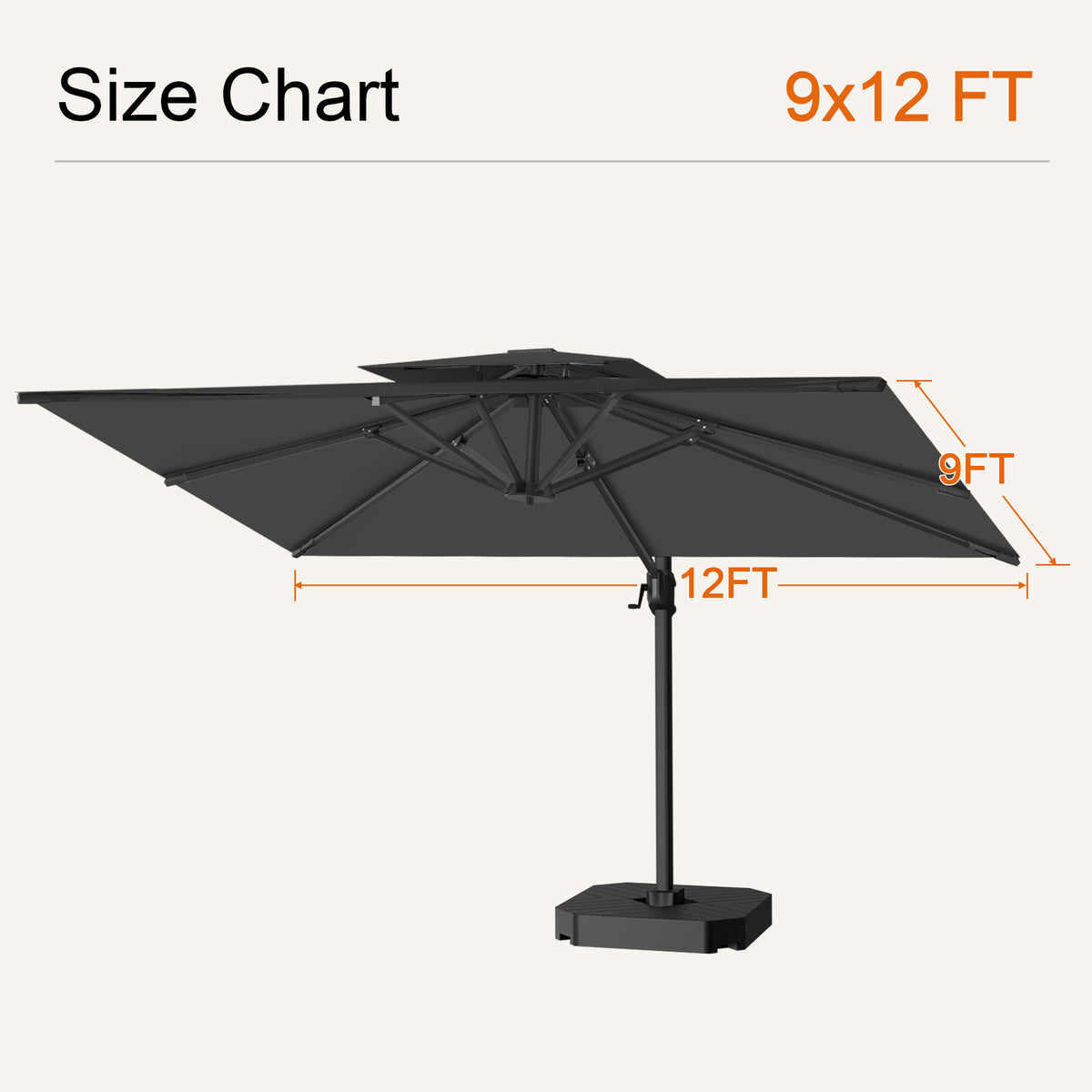 Black cantilever patio umbrella size chart showing a 9 x 12 ft canopy - Sunshade