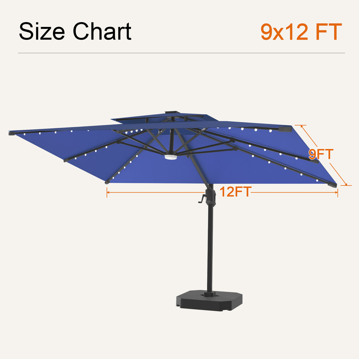 Navy blue Aegis Pro solar LED cantilever patio umbrella, 9 x 12 ft size chart - Sunshade