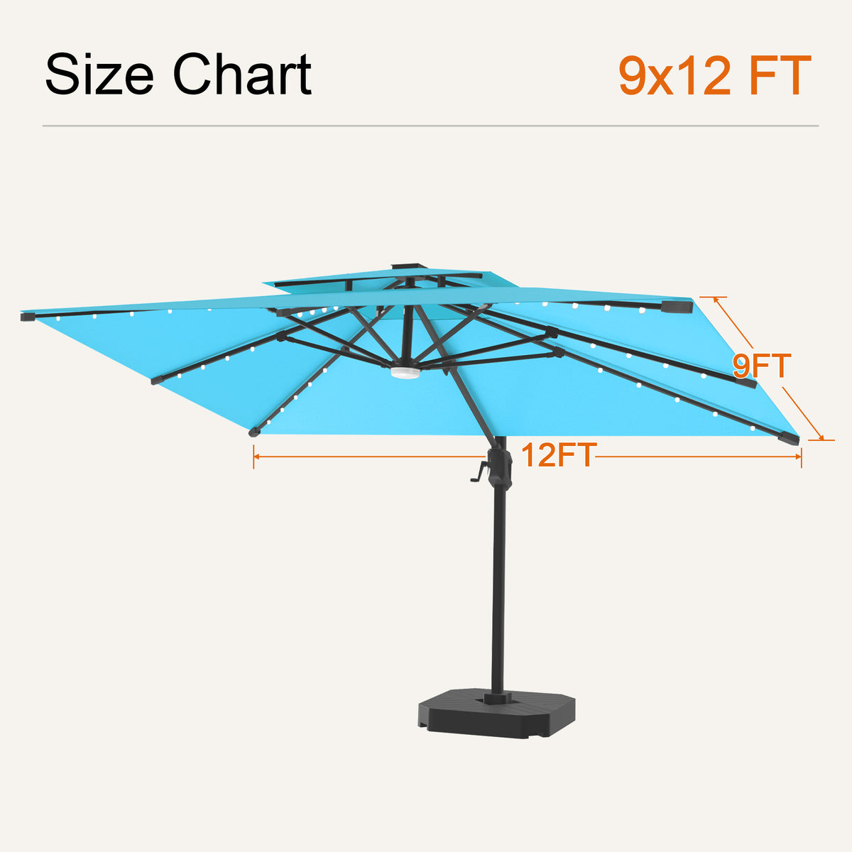 Turquoise Aegis Pro solar LED cantilever patio umbrella, 9 x 12 ft size chart - Sunshade
