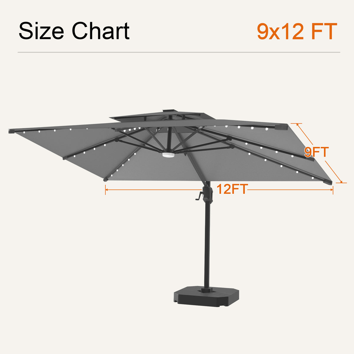 Charcoal Aegis Pro solar LED cantilever patio umbrella, 9 x 12 ft size chart - Sunshade