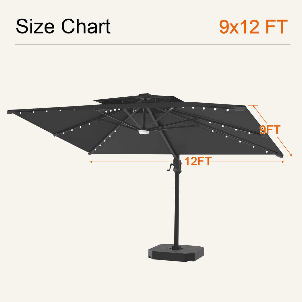 Black Aegis Pro solar LED cantilever patio umbrella, 9 x 12 ft size chart - Sunshade