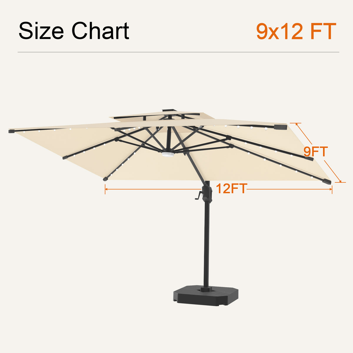 Cream Aegis Pro solar LED cantilever patio umbrella, 9 x 12 ft size chart - Sunshade