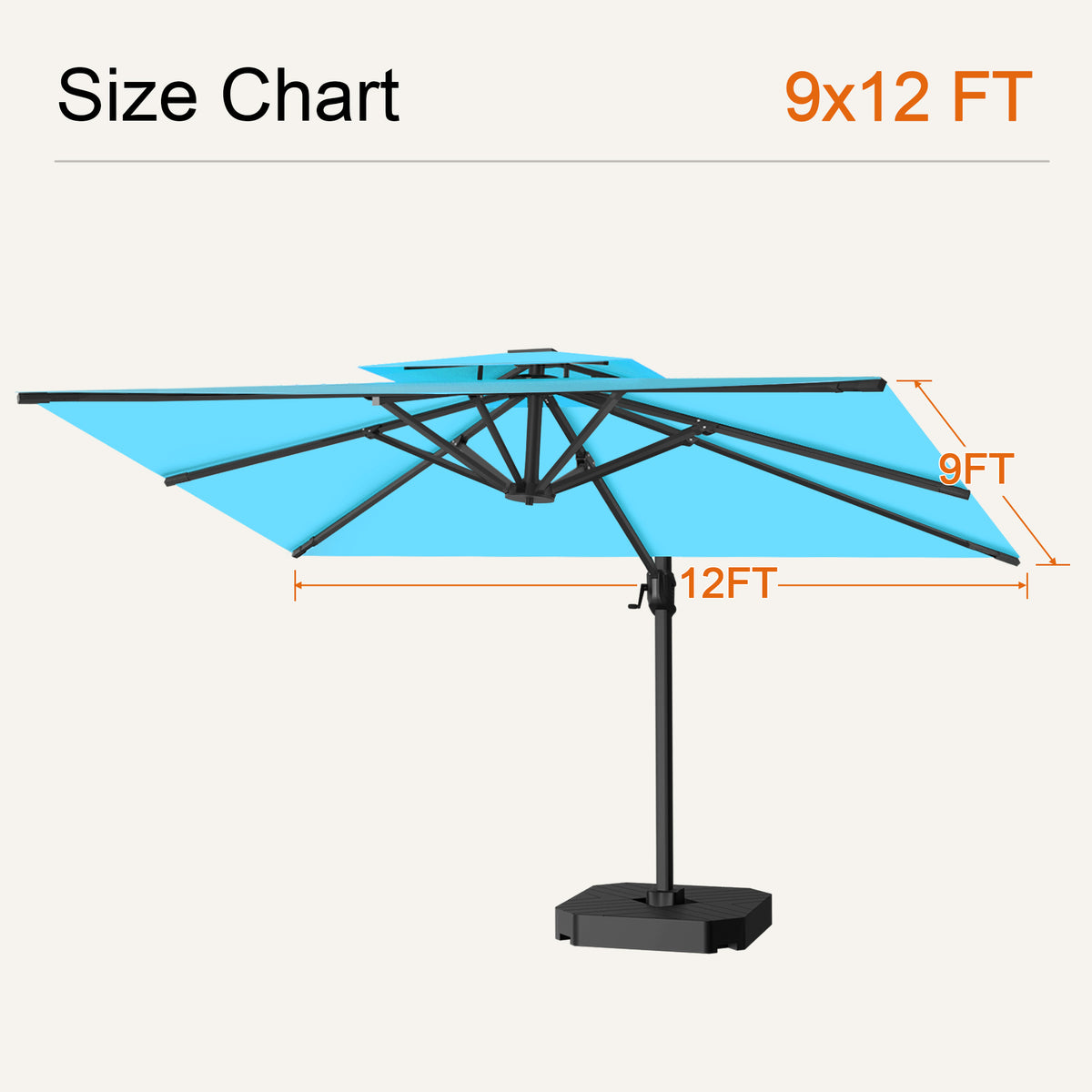 Turquoise cantilever patio umbrella size chart showing a 9 x 12 ft canopy - Sunshade