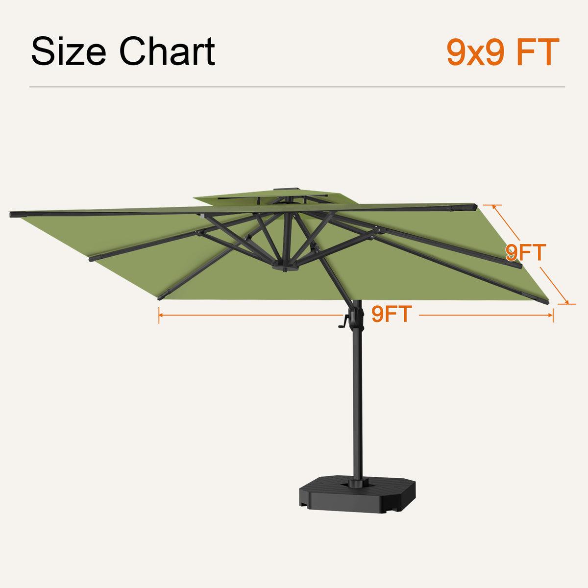 Sage green cantilever patio umbrella size chart showing a 9 x 9 ft canopy - Sunshade
