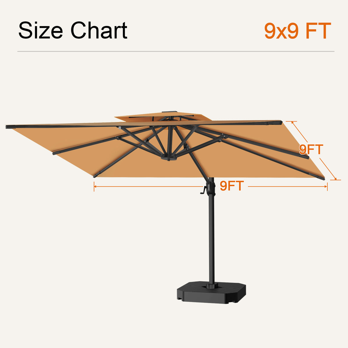 Tan cantilever patio umbrella size chart showing a 9 x 9 ft canopy - Sunshade