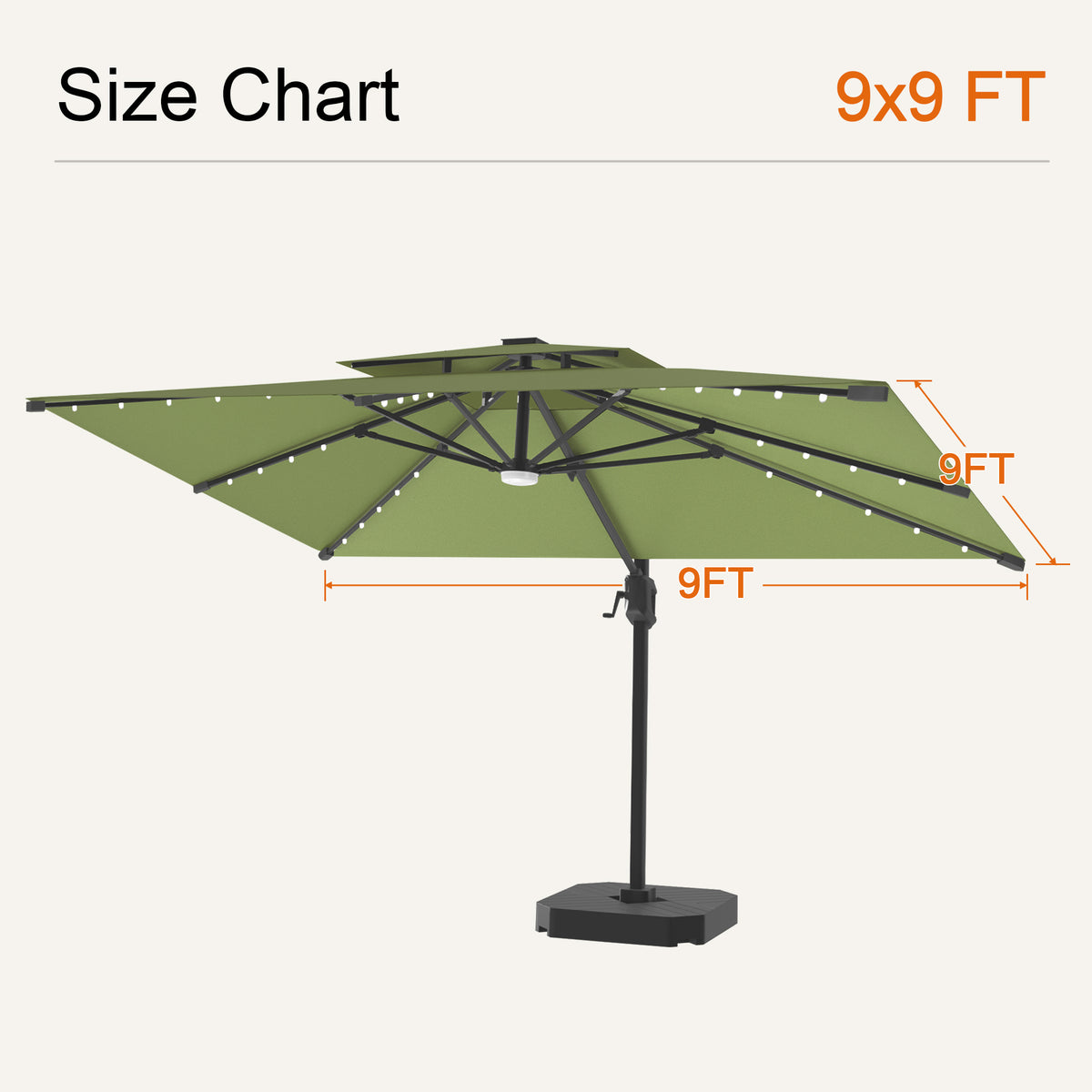 Sage green Aegis Pro solar LED cantilever patio umbrella, 9 x 9 ft size chart - Sunshade