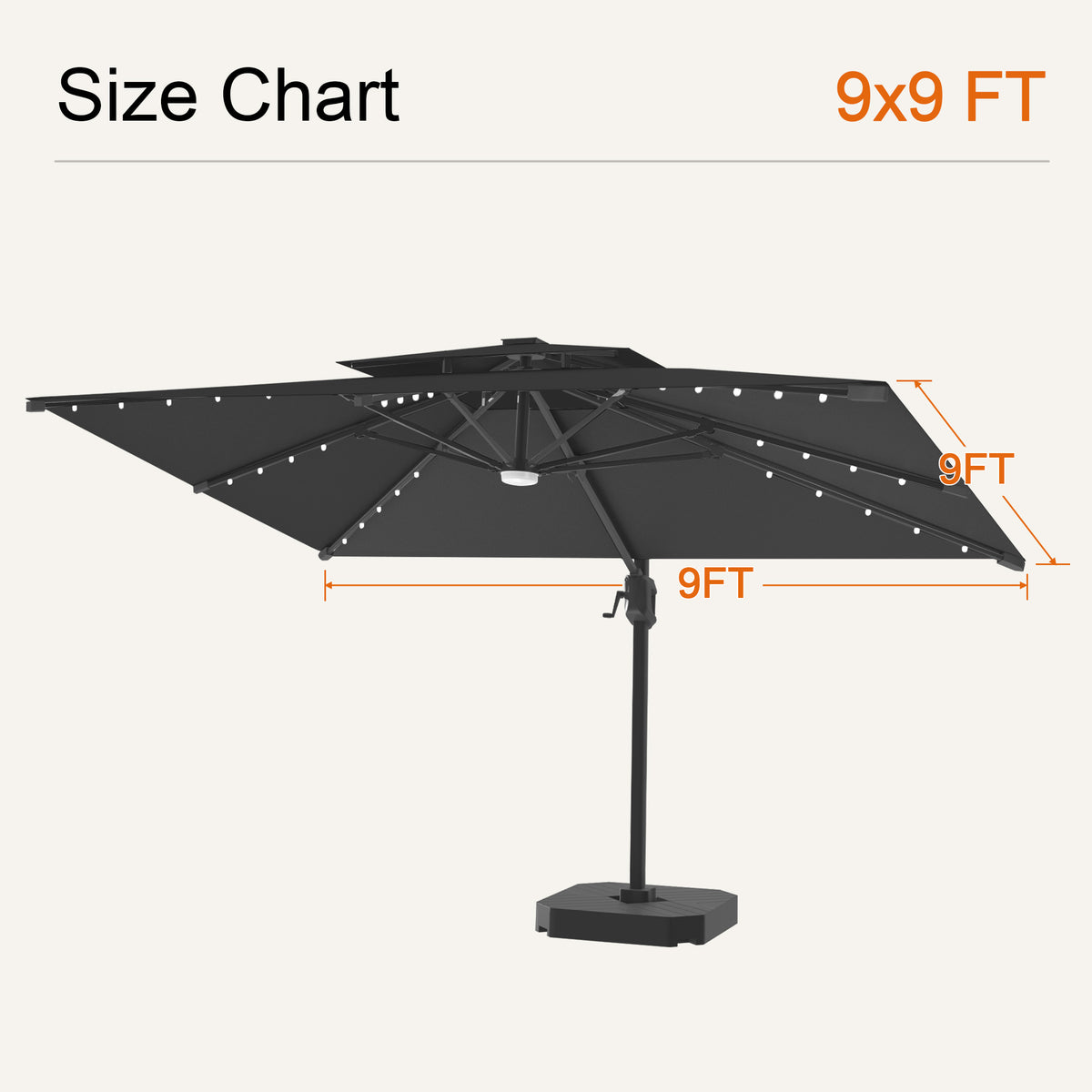 Black Aegis Pro solar LED cantilever patio umbrella, 9 x 9 ft size chart - Sunshade