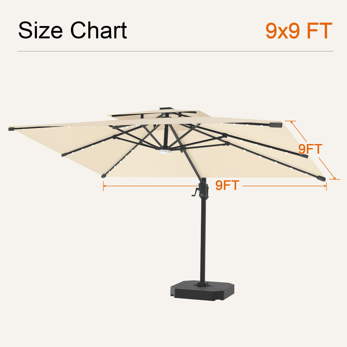 Cream Aegis Pro solar LED cantilever patio umbrella, 9 x 9 ft size chart - Sunshade
