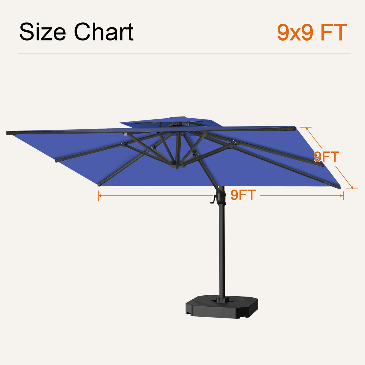 Navy blue cantilever patio umbrella size chart showing a 9 x 9 ft canopy - Sunshade