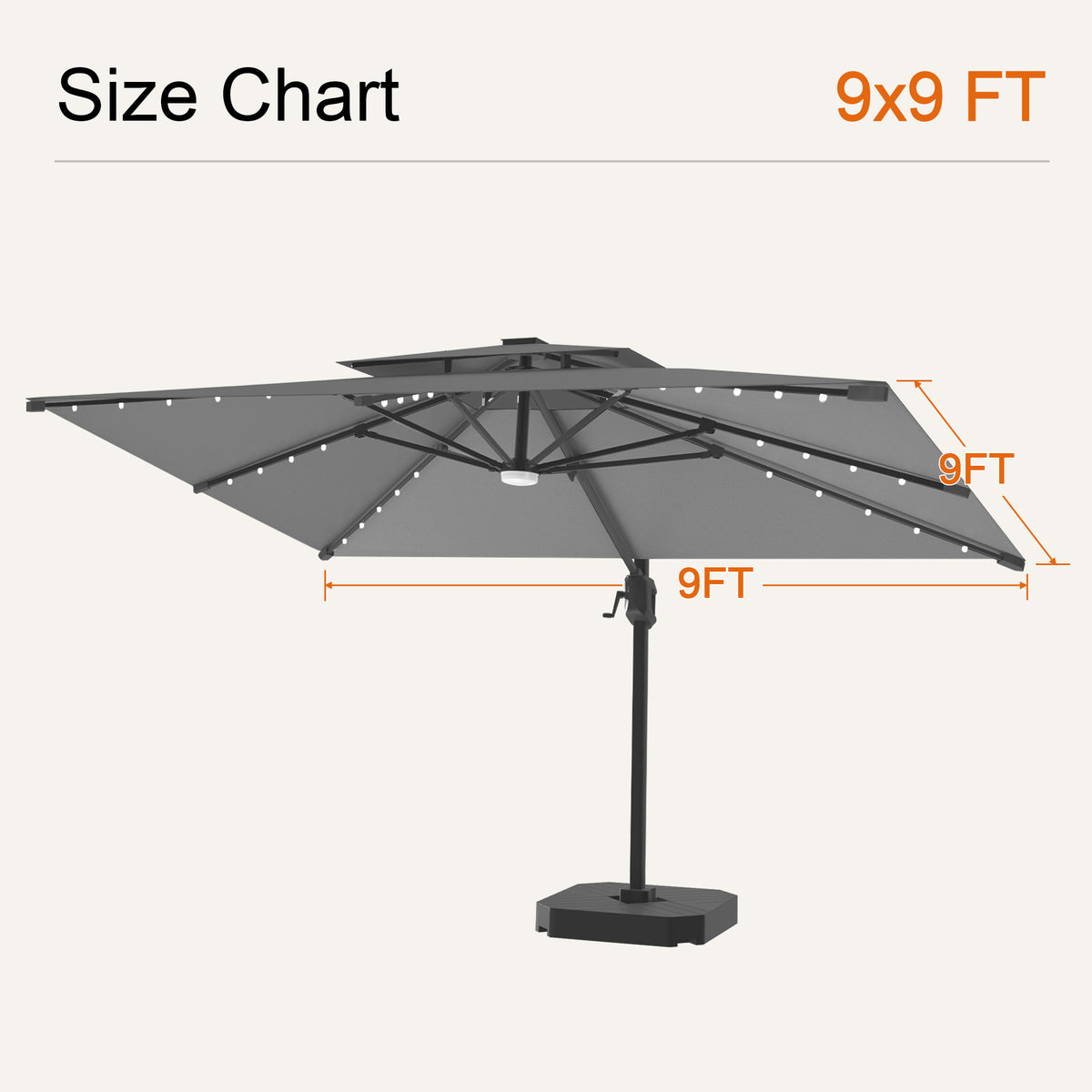 Charcoal Aegis Pro solar LED cantilever patio umbrella, 9 x 9 ft size chart - Sunshade