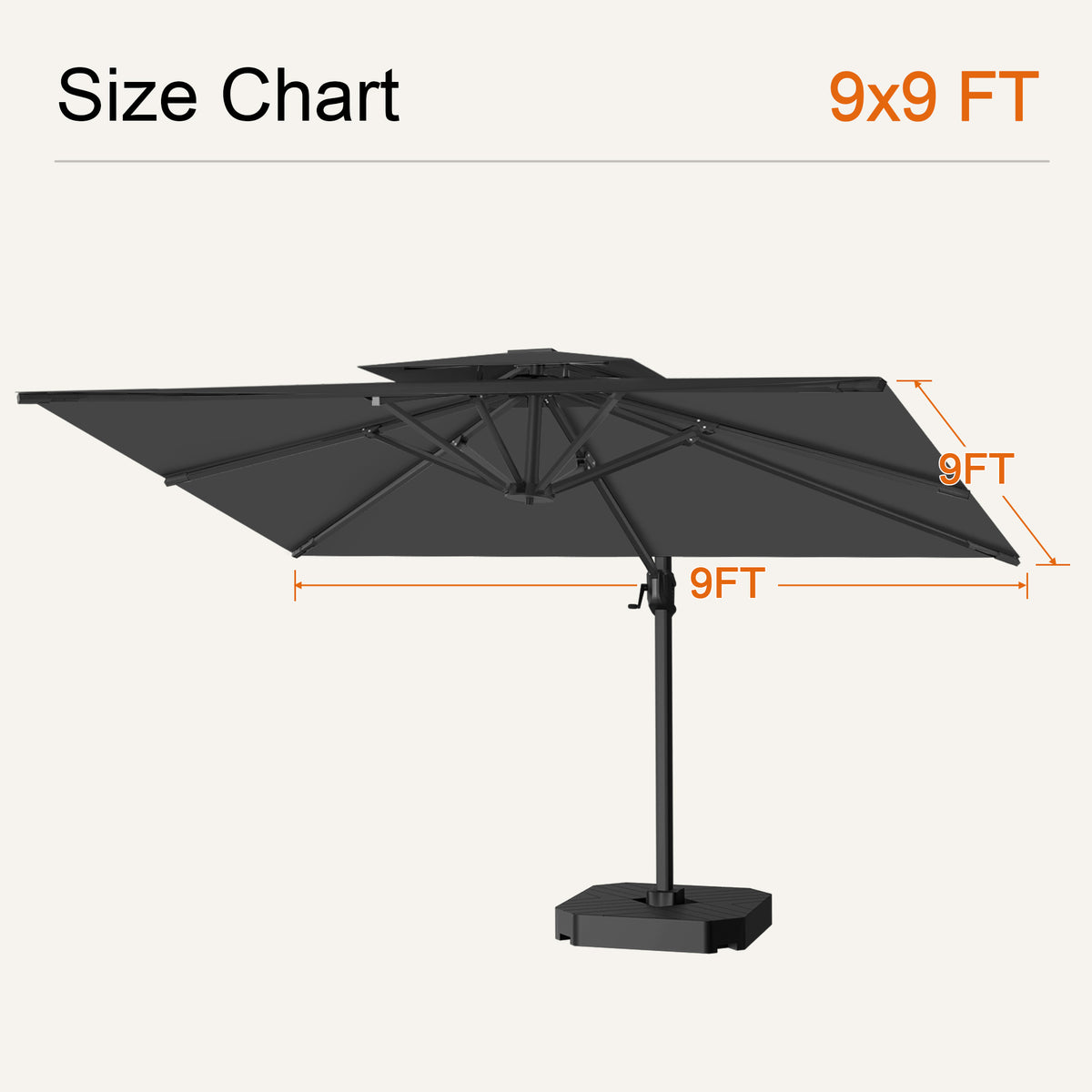 Black cantilever patio umbrella size chart showing a 9 x 9 ft canopy - Sunshade