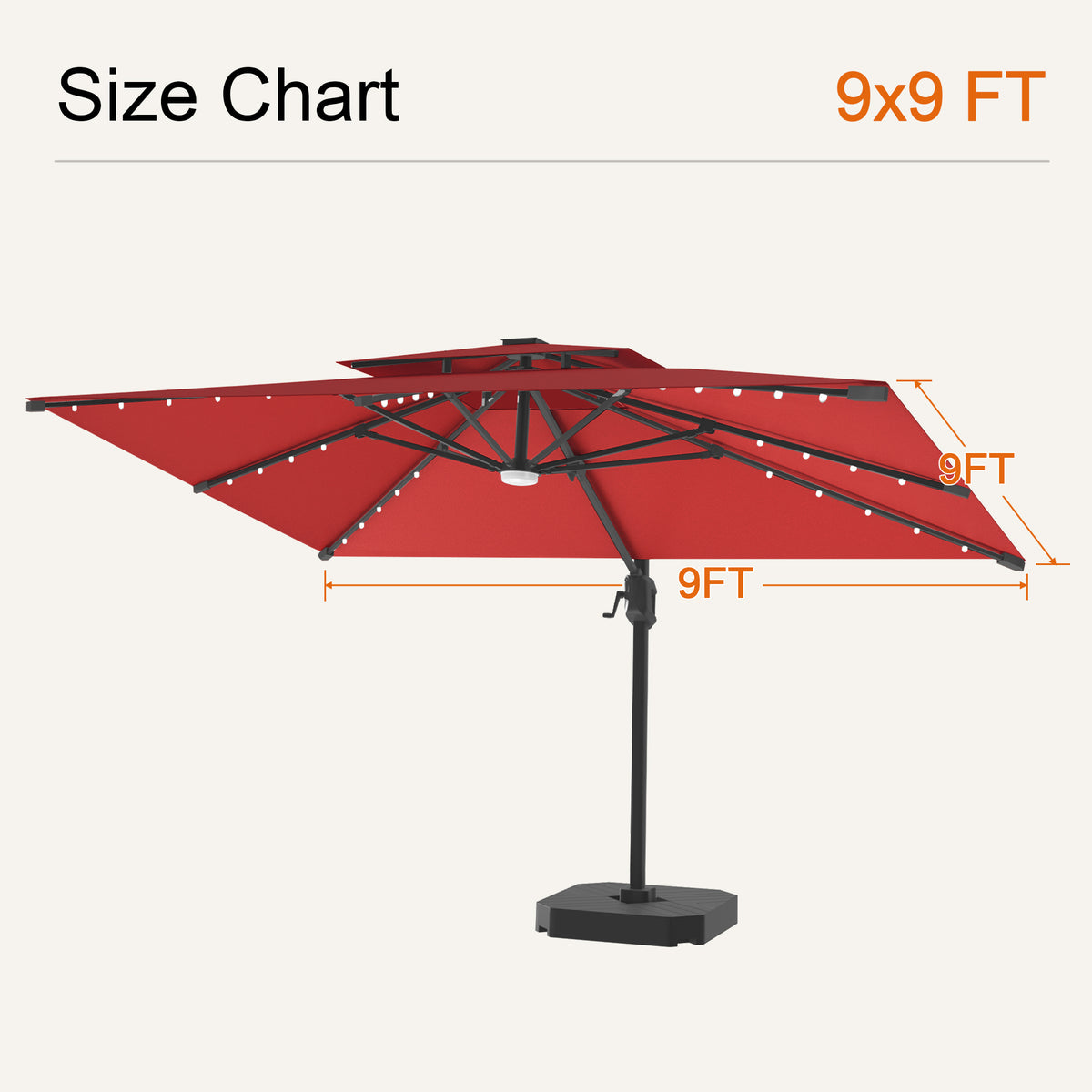 Burgundy Aegis Pro solar LED cantilever patio umbrella, 9 x 9 ft size chart - Sunshade