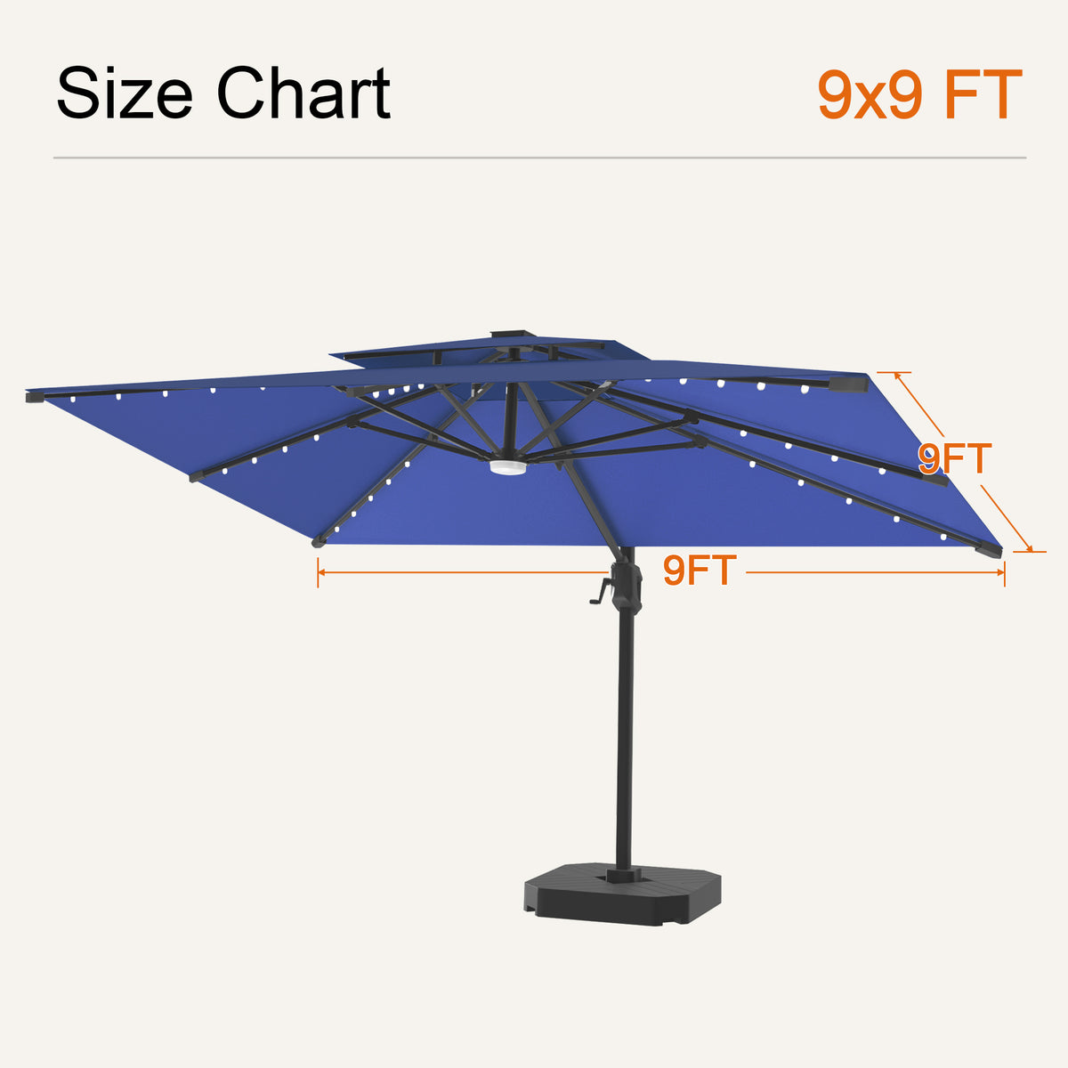 Navy blue Aegis Pro solar LED cantilever patio umbrella, 9 x 9 ft size chart - Sunshade