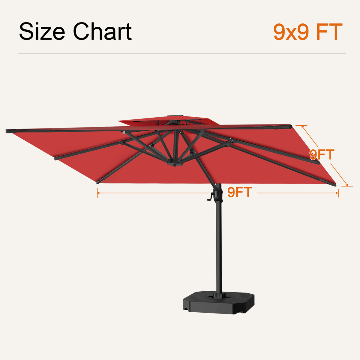 Burgundy cantilever patio umbrella size chart showing a 9 x 9 ft canopy - Sunshade