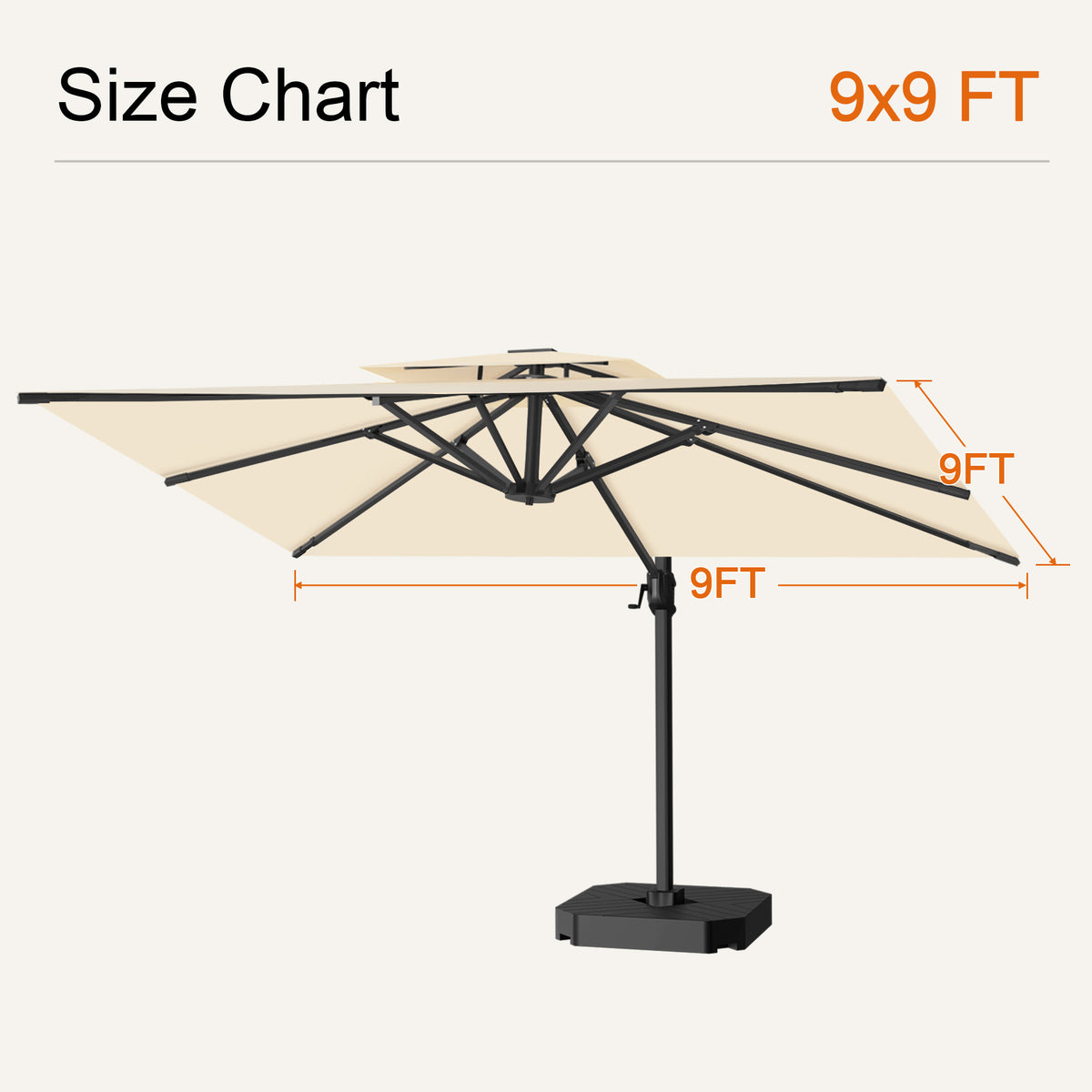 Cream cantilever patio umbrella size chart showing a 9 x 9 ft canopy - Sunshade