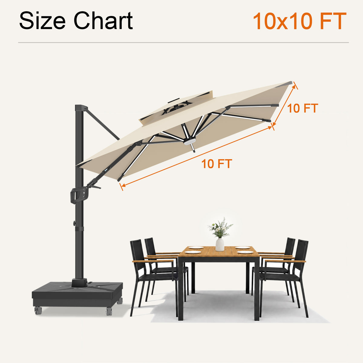 Cream Aegis Premium solar LED cantilever umbrella size chart with a 10 x 10 ft canopy - Sunshade