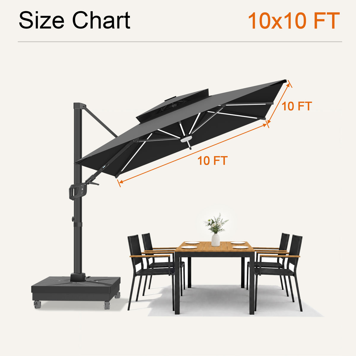 Black Aegis Premium solar LED cantilever umbrella size chart with a 10 x 10 ft canopy - Sunshade