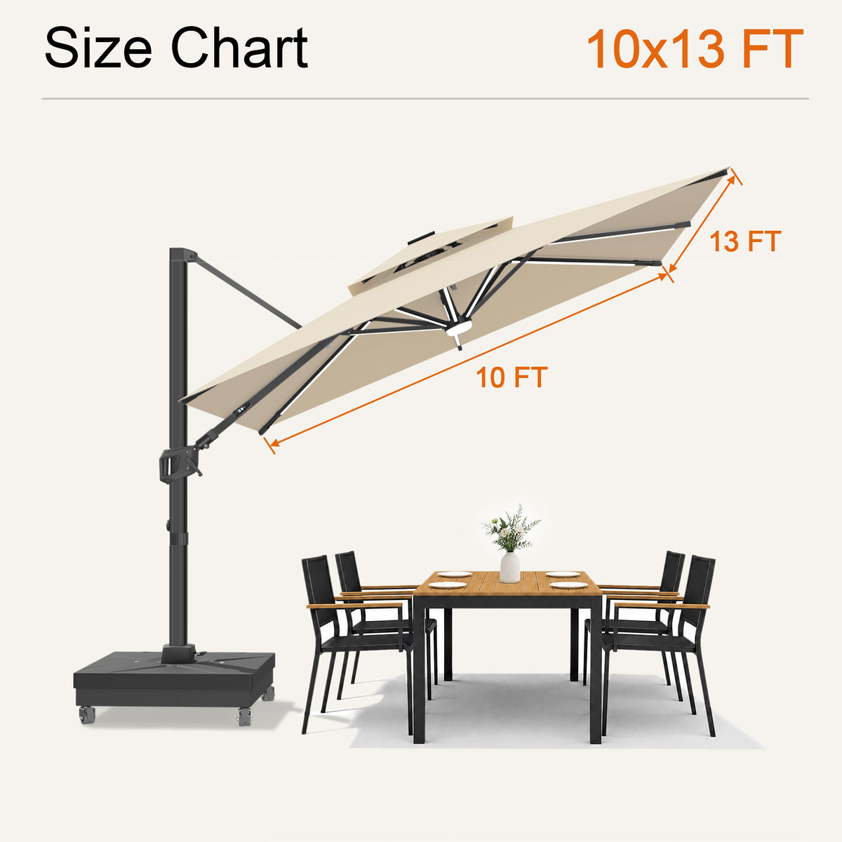 Cream Aegis Premium solar LED cantilever umbrella size chart with a 10 x 13 ft canopy - Sunshade