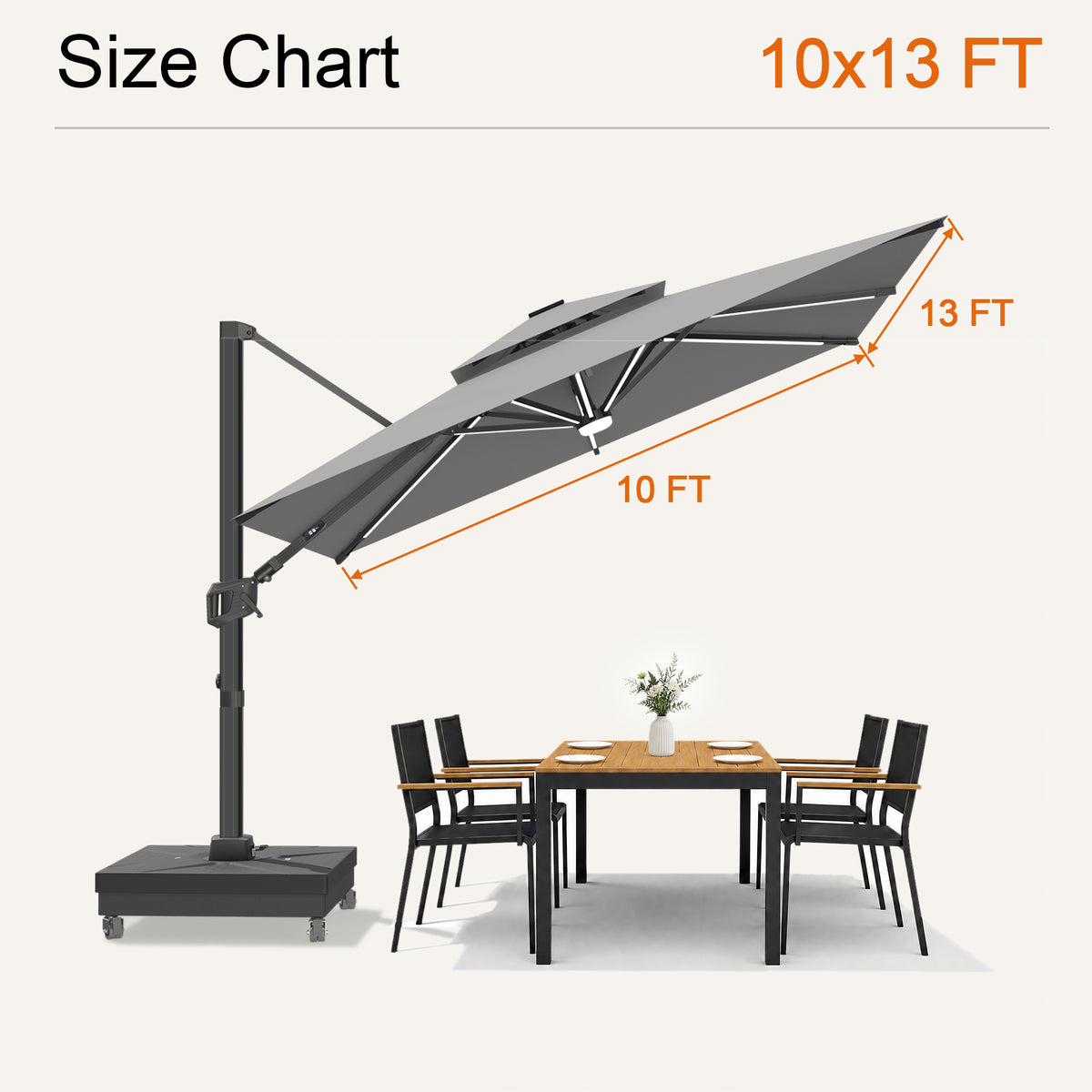 Charcoal Aegis Premium solar LED cantilever umbrella size chart with a 10 x 13 ft canopy - Sunshade