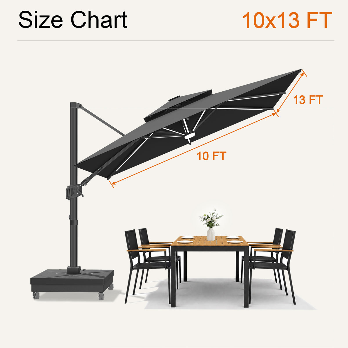 Black Aegis Premium solar LED cantilever umbrella size chart with a 10 x 13 ft canopy - Sunshade
