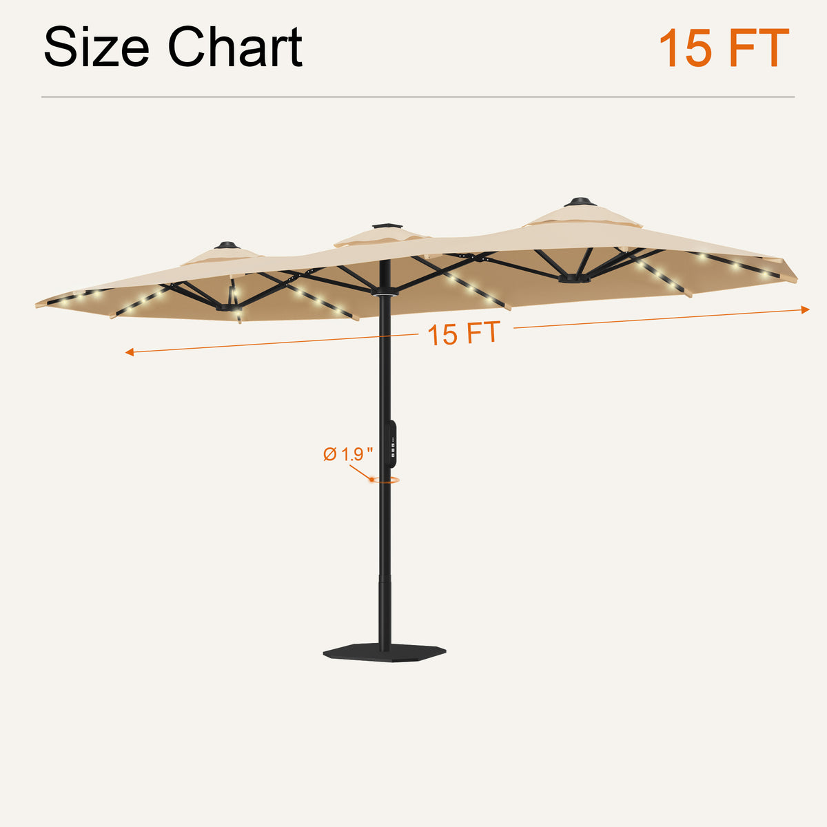 Beige motorized double-sided solar LED patio umbrella size chart: 15 ft wide, 1.9 in pole - Sunshade