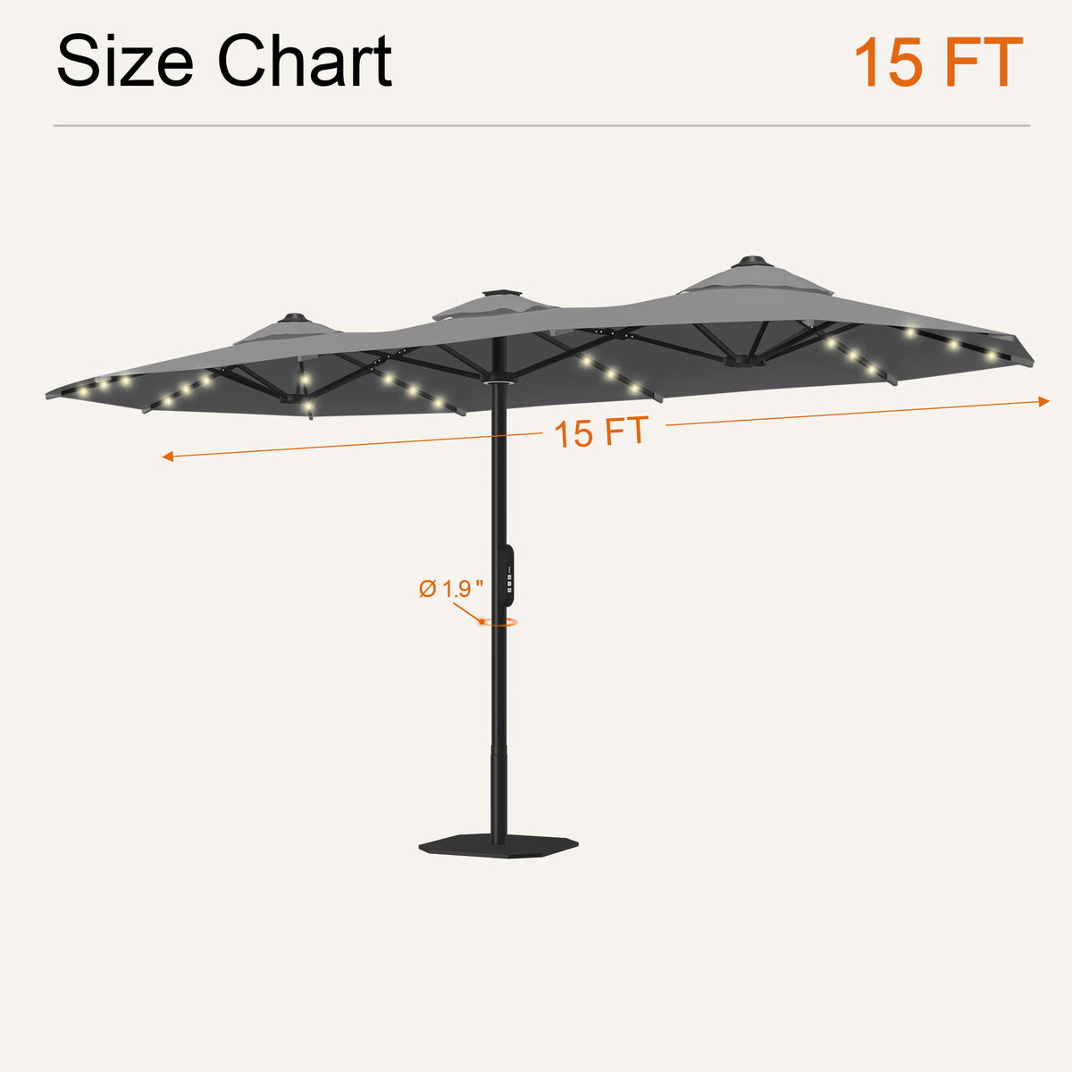 Gray motorized double-sided solar LED patio umbrella size chart: 15 ft wide, 1.9 in pole - Sunshade