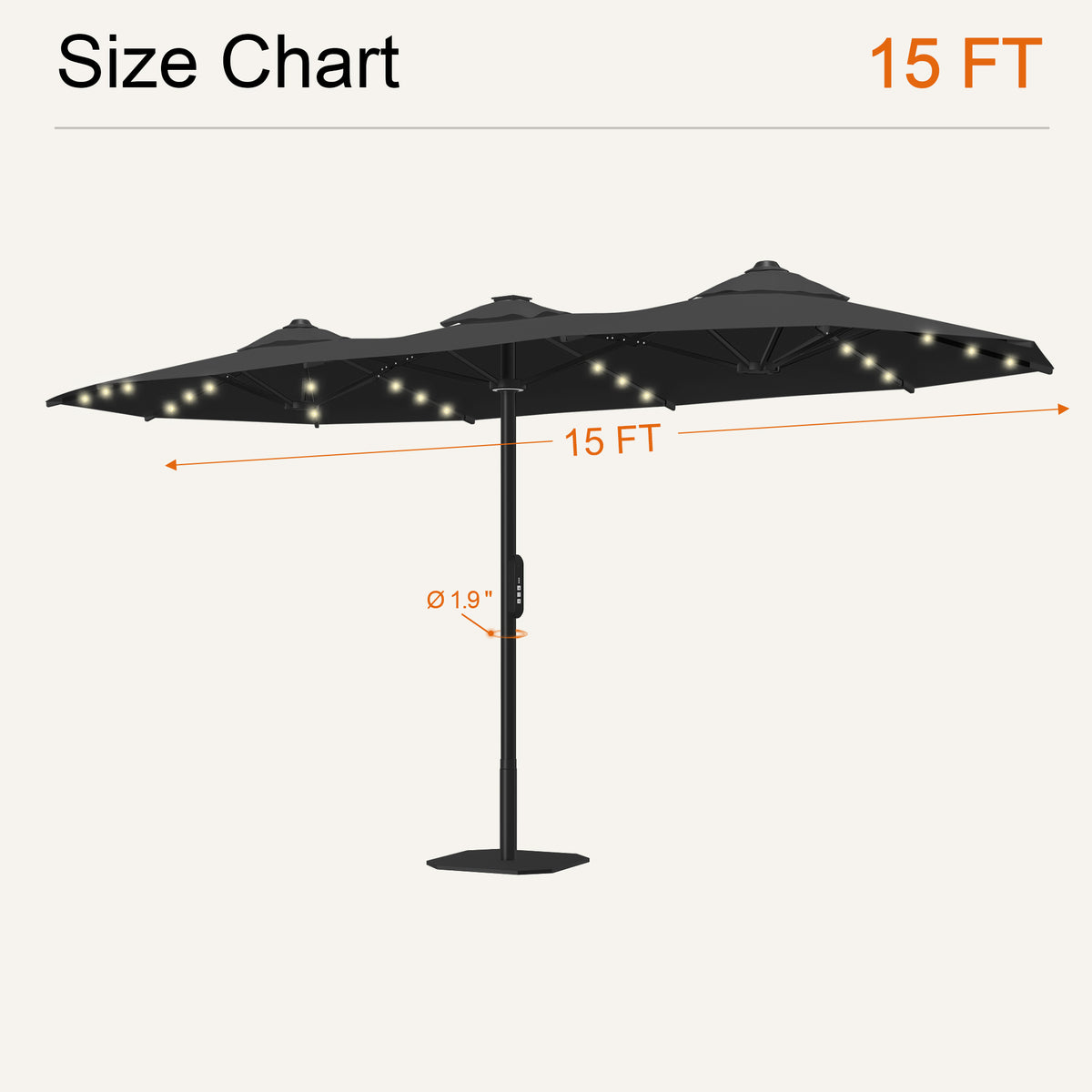 Black motorized double-sided solar LED patio umbrella size chart: 15 ft wide, 1.9 in pole - Sunshade