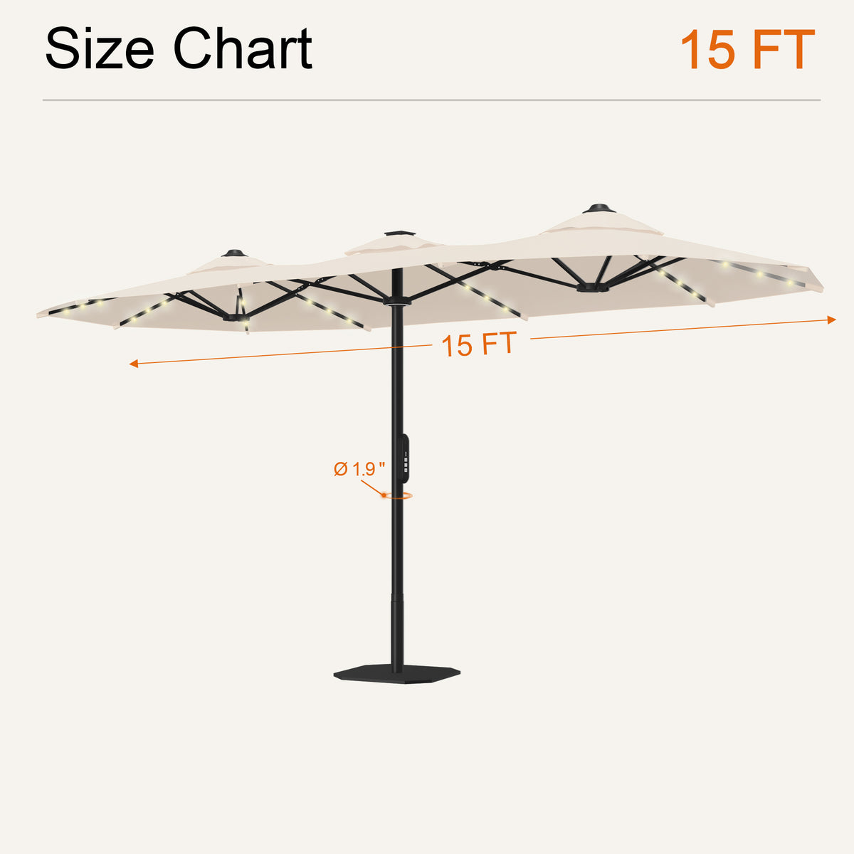 Cream motorized double-sided solar LED patio umbrella size chart: 15 ft wide, 1.9 in pole - Sunshade