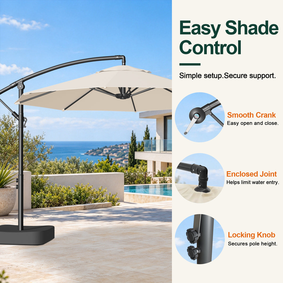 Cream cantilever patio umbrella with details of its crank, top joint, and locking knobs - Sunshade