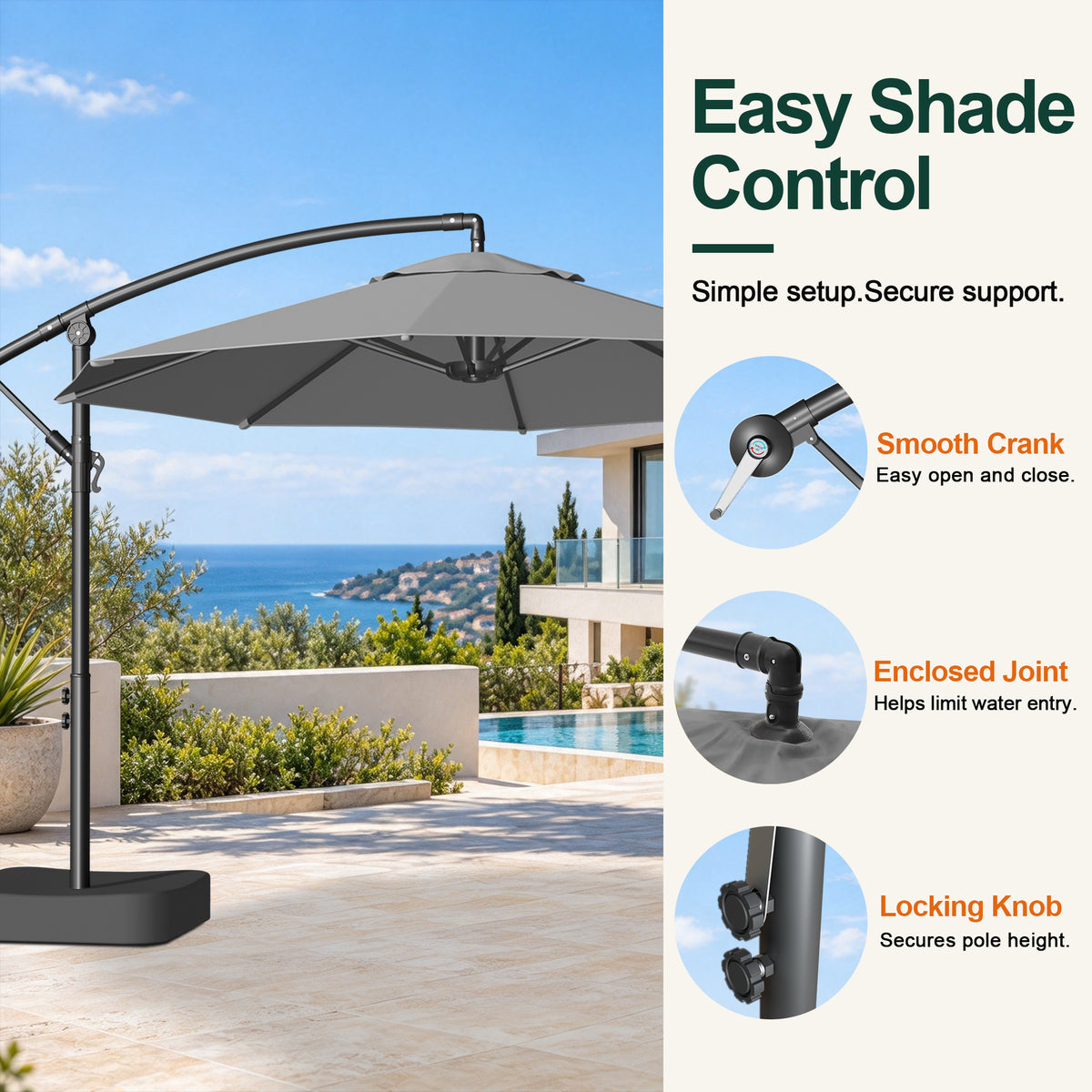 Charcoal cantilever patio umbrella with details of its crank, top joint, and locking knobs - Sunshade