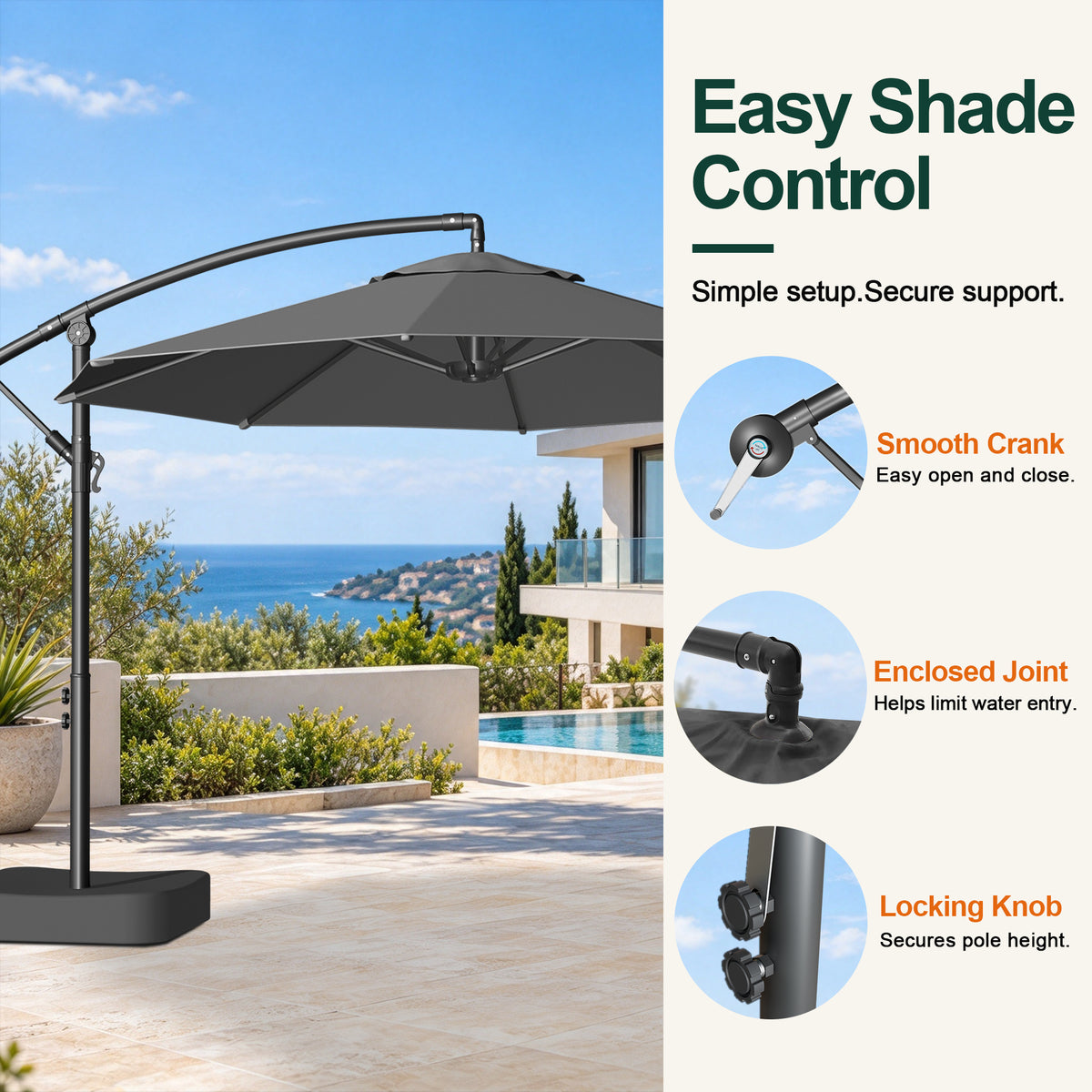 Black cantilever patio umbrella with details of its crank, top joint, and locking knobs - Sunshade