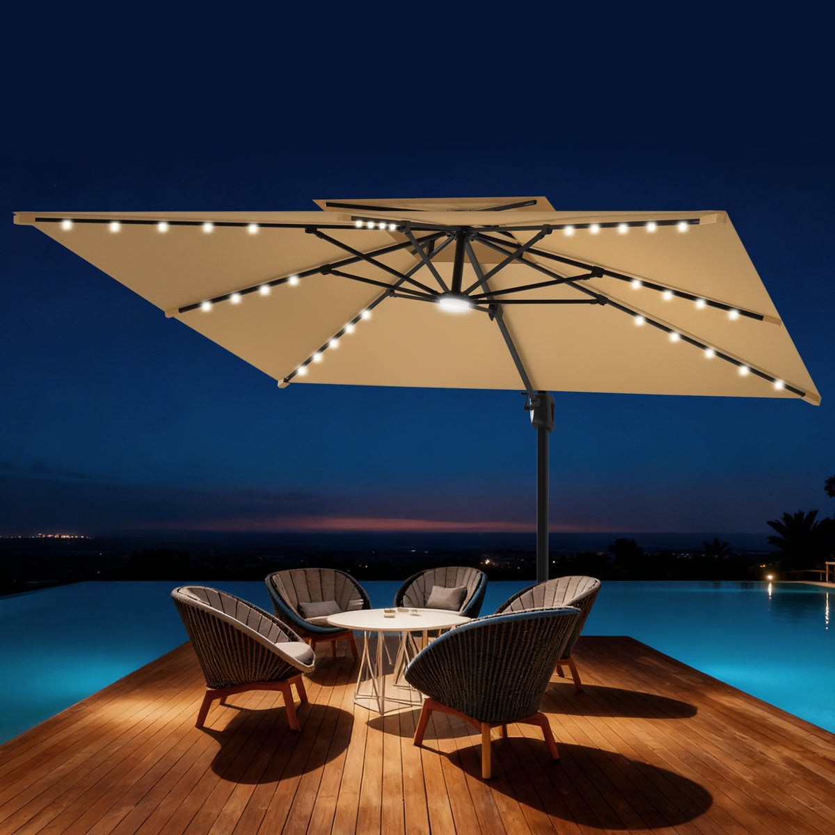 Sunshade Aegis Pro Solar LED Cantilever Patio Umbrella with 360° Rotation & Stepless Tilt