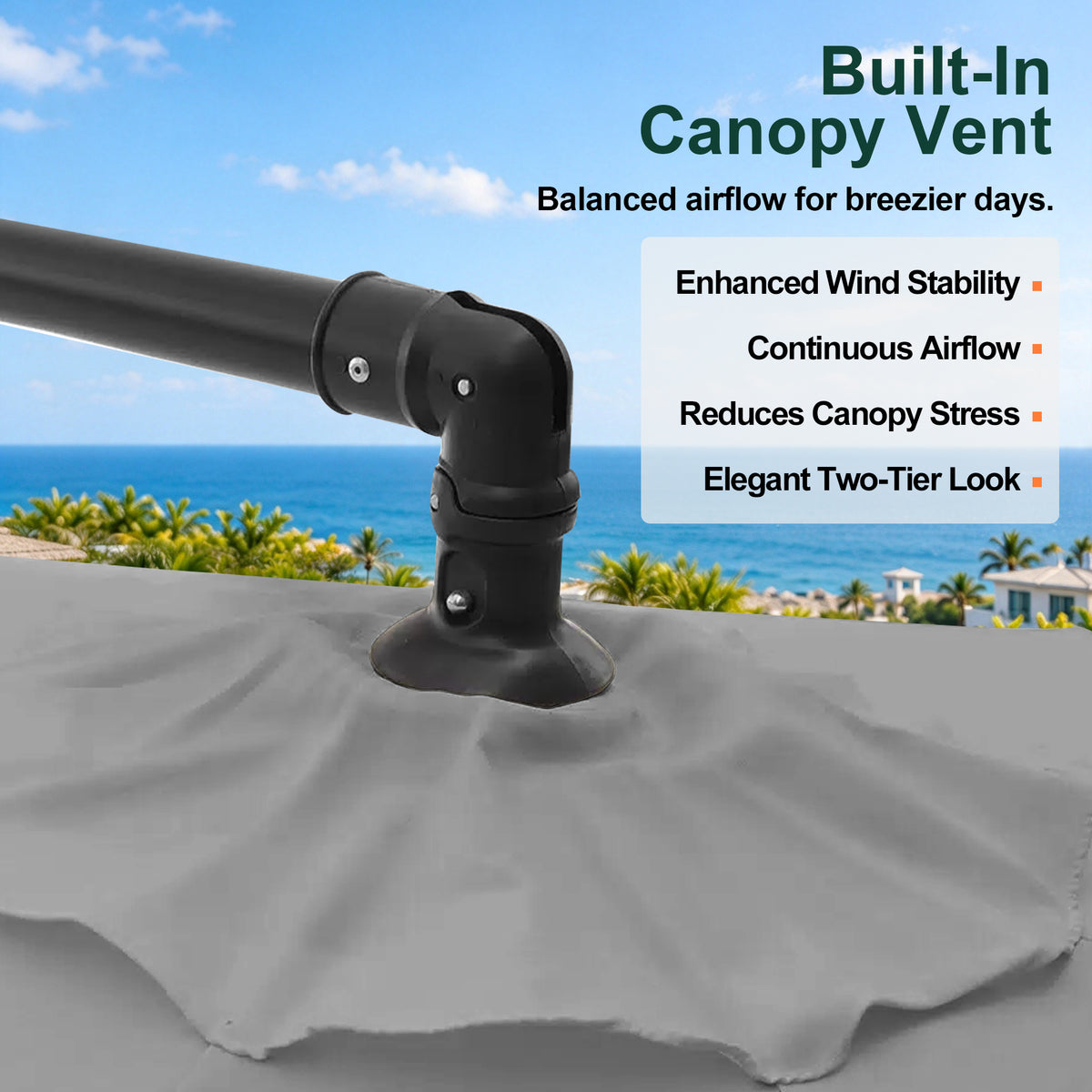 Close-up of the canopy vent and top joint on a charcoal cantilever patio umbrella - Sunshade