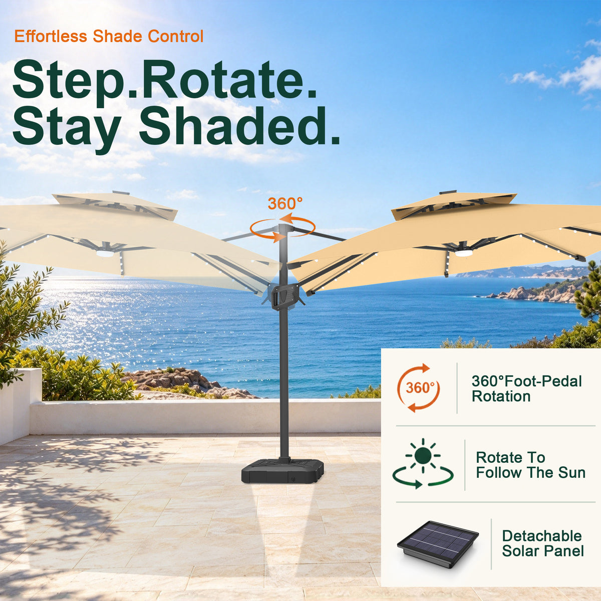 Beige Aegis Pro LED cantilever umbrella showing 360° foot-pedal rotation - Sunshade