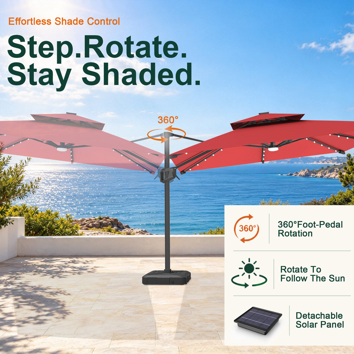 Burgundy Aegis Pro LED cantilever umbrella showing 360° foot-pedal rotation - Sunshade