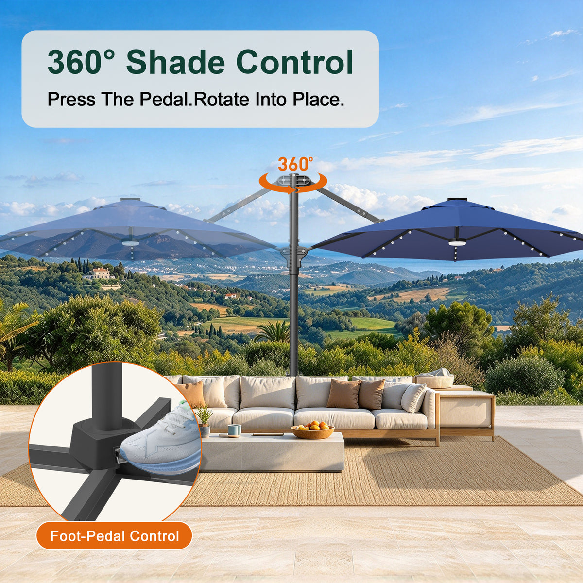 Navy blue round cantilever umbrella with foot-pedal control for 360° rotation - Sunshade