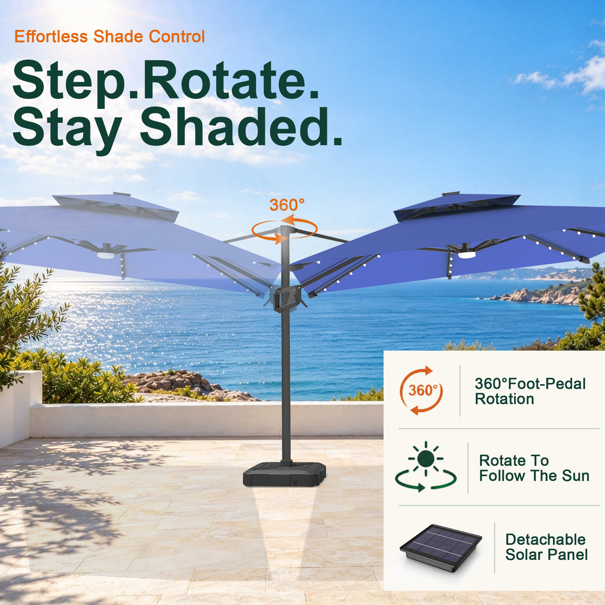 Navy Blue Aegis Pro LED cantilever umbrella showing 360° foot-pedal rotation - Sunshade