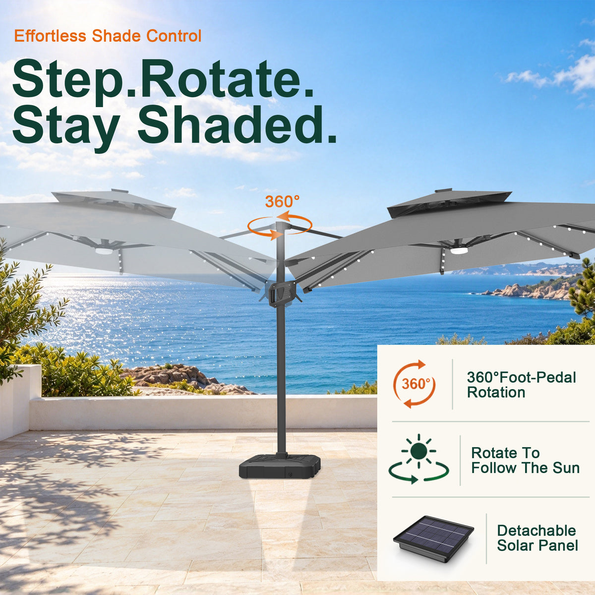 Charcoal Aegis Pro LED cantilever umbrella showing 360° foot-pedal rotation - Sunshade