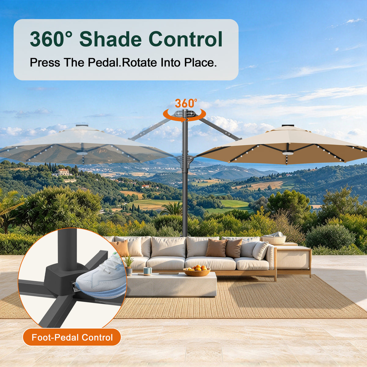 Beige round cantilever umbrella with foot-pedal control for 360° rotation - Sunshade