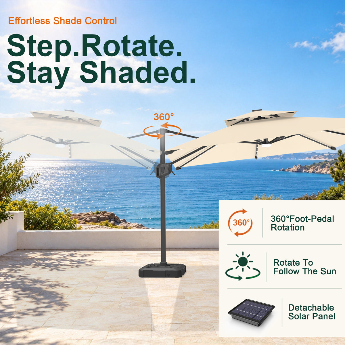 Cream Aegis Pro LED cantilever umbrella showing 360° foot-pedal rotation - Sunshade