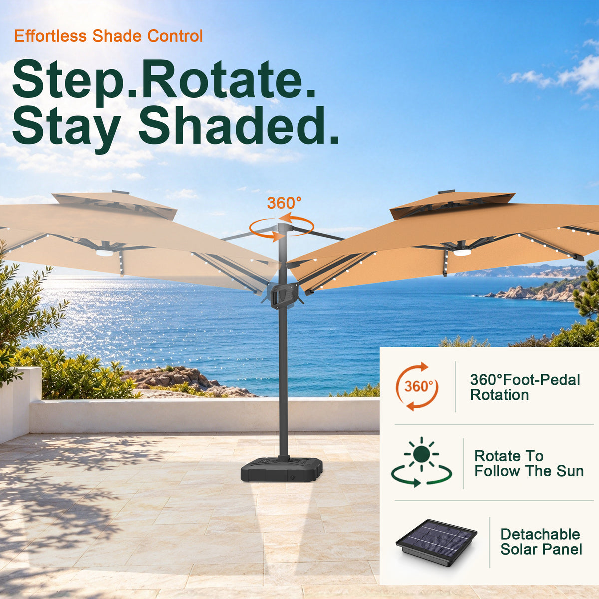 Tan Aegis Pro LED cantilever umbrella showing 360° foot-pedal rotation - Sunshade