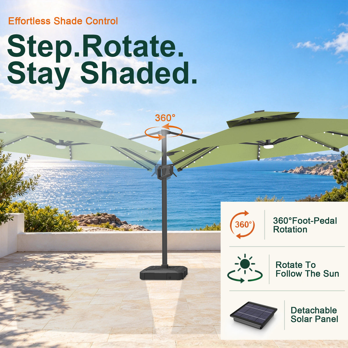 Sage Green Aegis Pro LED cantilever umbrella showing 360° foot-pedal rotation - Sunshade